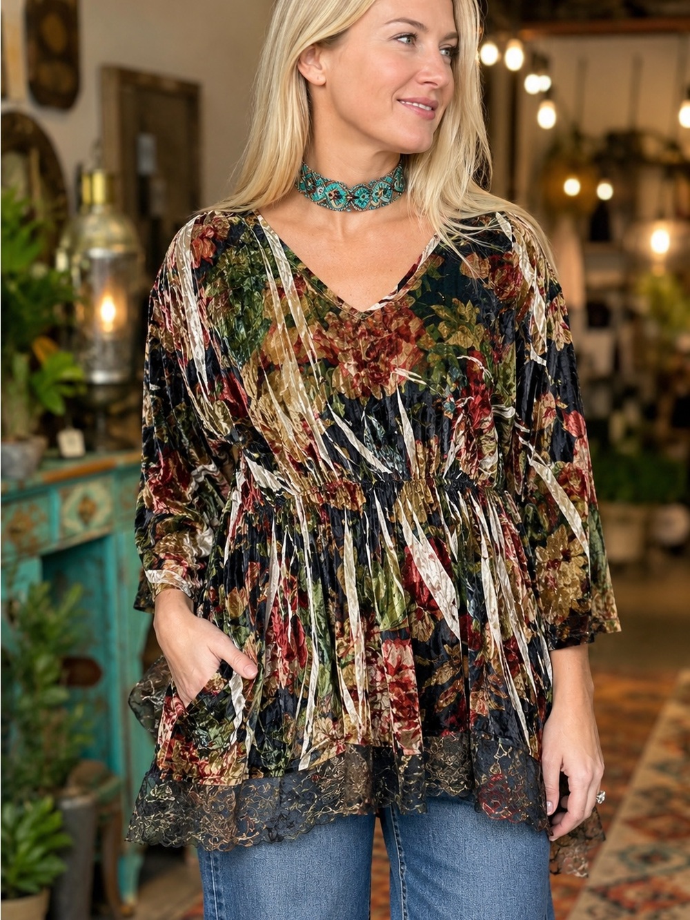 NWT A Rare Bird Floral Crushed Velvet Lace Boho Tunic Top OS